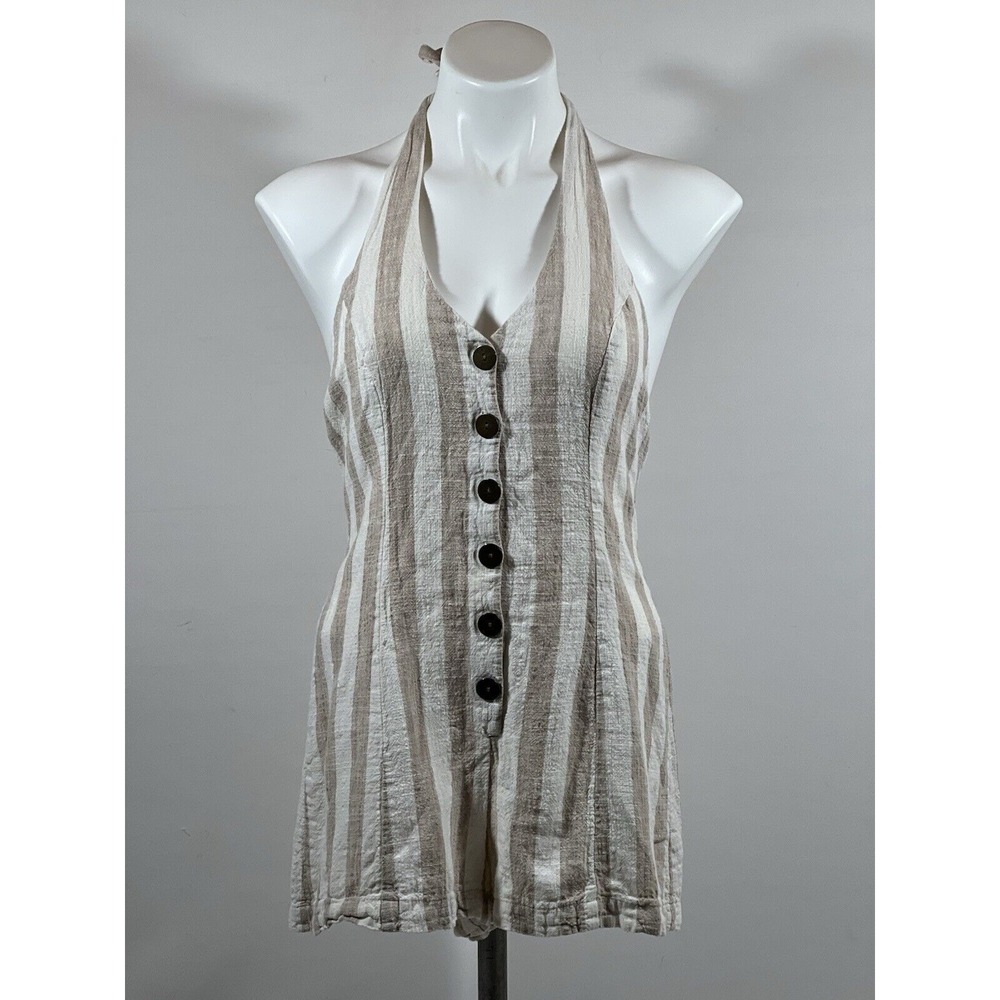Womens‎ Striped Romper Ivory Tan Halter Button Front Lined Size M